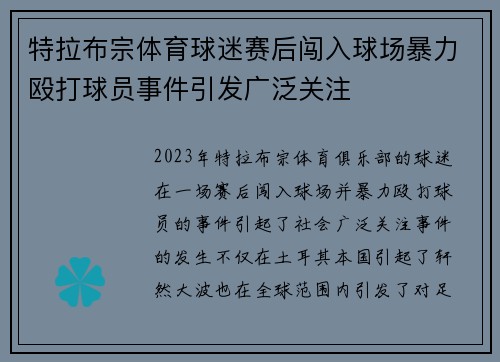 特拉布宗体育球迷赛后闯入球场暴力殴打球员事件引发广泛关注 特拉布宗体育球迷赛后闯入球场暴力殴打球员事件引发广泛关注